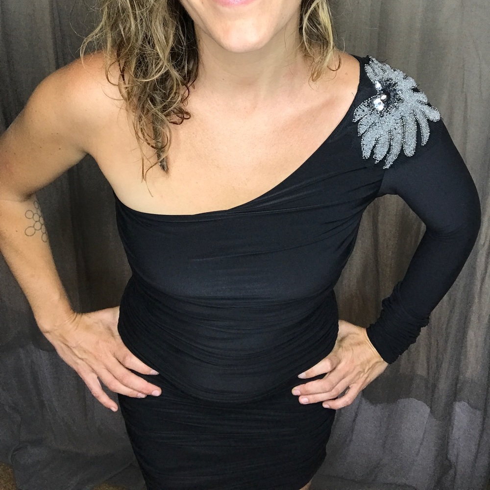 Vintage One Sleeve Sequin Embellished Ruched Dress